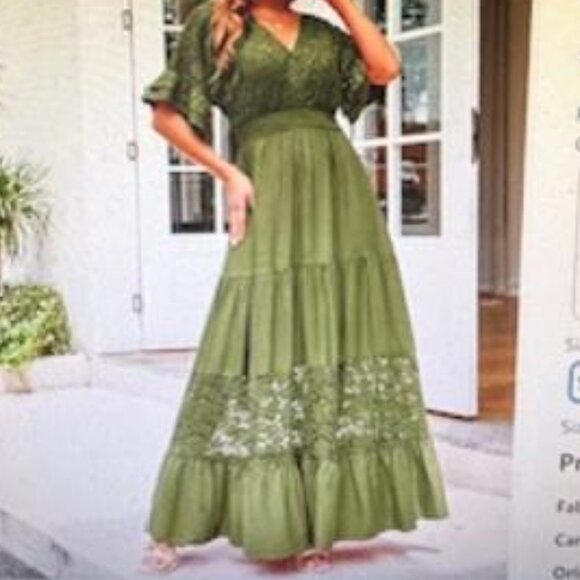 Simplee V Neck Formal Lace Maxi Dress Ruffle Flowy Short Sleeve Boho Green NWT S - Picture 7 of 8